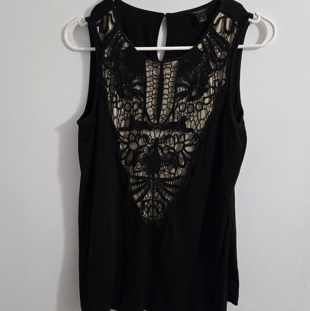 Ann Taylor Black Sleeveless Top with Lace Accent